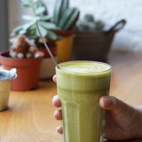 Ginger turmer matcha latte at Funk You Natural Food in Berlin