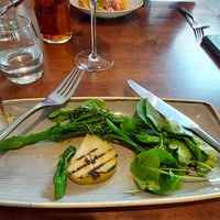 Starter of charred pear, tenderstem broccoli. at Ascough's Bistro in Market Harborough