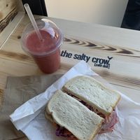 Fully vegan cheese and coleslaw sandwich plus the raspberry dream smoothie - both so yummy  at The Salty Crow in Lowestoft