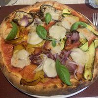 Pizza verdura switched with self made vegan mozzarella   at 128 in Vittorio Veneto