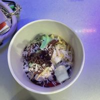 Mint and chocolate almond froyo with sprinkles, mochi, almonds, coconut, sugar free chocolate syrup   at TCBY in Fort Collins