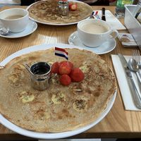 Banana pancakes with strawberries   at Pancakes - Westermarkt in Amsterdam