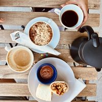 Oatmeal and burrito - oat milk latte and house coffee  at Elevation Coffee in Tampa