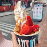 Vegan soft serve with strawberry's, peanut sauce and biscoff at Swoon  in Cork