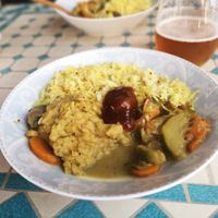 Green lentil and mixed vegetable curry with saffron rice at Cap Lanka in Capbreton