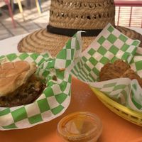 Fajita Burger on left & Fried Oyster Mushrooms  at Sun Of A Vegan in Memphis
