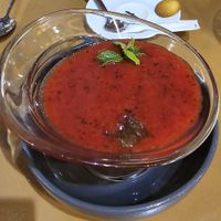 Minty strawberry "soup" with a dollop of rhubarb jam at Côté Resto in Honfleur
