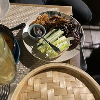 Mushroom duck pancakes (pancakes were in the bamboo box)  at Espécie in Porto