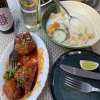 Korean fried cauliflower and ceviche (was taken in the middle of dinner 😅)  at Espécie in Porto