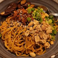 Noodlws with peanut sauce and shitake at Espécie in Porto