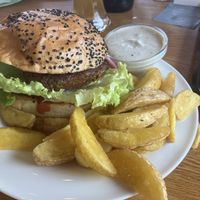 Vegan burger, wedges and vegan sour cream   at Lumberjack Bio-Bergrestaurant in Kleinarl