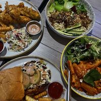 Hot chicken sandwich/ chicken fingers/ spicy thai noodles/ creamy vodka sauce pasta   at Good Vibes in Huntington Beach