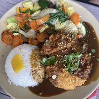 Katsu curry with stir fry veggies  at Good Vibes in Huntington Beach