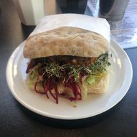 Millenium Burger and Vegan and GF.  Non-GF came with a yellower bun at Pilgrims Vegetarian Cafe in Milton