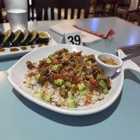 Vegan trashy plate with tempura-fried tofu skin   at Keep It Rollin in Rochester