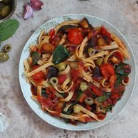 Sicilian aubergine, tomato & olive tagliatelle at Grubby in East London