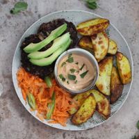 Mexican black bean burgers, carrot slaw  avocado and FRIES at Grubby in East London