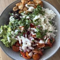 THIS Chick’n burrito bowl, avo, coconut rice, black beans and lime  at Grubby in East London