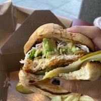 Up-Close of Vegan Crispy Chicken w/Avocado and a Plethora of Pickles  at Rad Radish in San Francisco