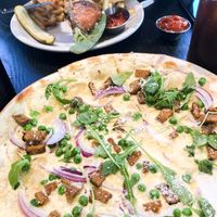Carbonara flatbread and wildseed burger  at Rad Radish in San Francisco
