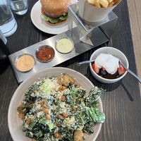 kale caesar salad, tuk tuk smash burger, fries & a chocolate ganache   at Rad Radish in San Francisco