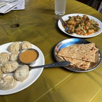 Vegan mixed vegetable curry, garlic bread and mixed vegan momos (without the paneer ones)  at Sabal Khaja Ghar in Kathmandu
