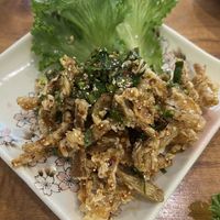 larb hed tod (fried mushrooms salad)  at Baan Ghu Lhao in Trang