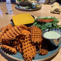 Black bean burger with plant based cheese, sweet potato fries and vegan ranch   at Sunspot in Knoxville