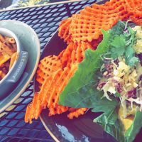 chili mac with impossible meat, taco, & sweet potato waffle fries  at Sunspot in Knoxville