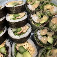 Some pieces may have mayo on it, in the menu card, just ask them to not put it on. We take our own vegan mayo with us and mix it with their vegan chili sauce - delicious!  at King's Running Sushi & Buffet in Odense