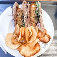 Vegan burger with Portuguese quinoa, sweet potato and chickpeas with a side of air fried chips!  at Time Out Market in Lisbon