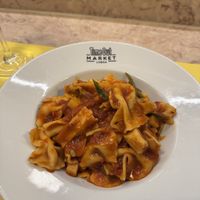 Farafelli dish with green beans and potatoes and red sauce. I asked them to sub pesto with the red sauce    at Time Out Market in Lisbon