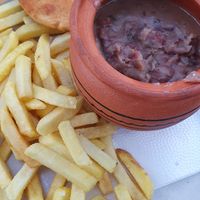 Lobio, mchadi and fries. at Caffe Restaurant Kazbegya in Stepantsminda