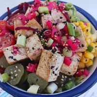 The tofu poke bowl, which was mainly rice & lettuce at Olla Beach Bar in Altea