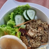 The best Bun Thit Nuong!  I was lucky that day it came with a rice cracker and a spring roll :P. at Quan An Lạc Vegetarian Food in Quang Nam