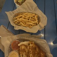 “quasidilla”, thyme fries and damn dan noodle bowl   at Green New American Vegetarian in Phoenix