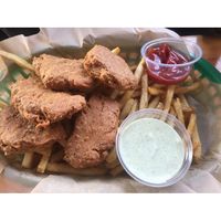 Chicken Nuggs with thyme fries and either house-made ranch or BBQ. It's on the kids menu, but I LOVE these as a grownup! at Green New American Vegetarian in Phoenix