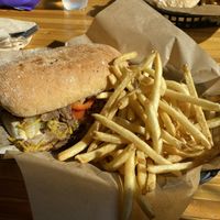 Philly cheesesteak and thyme fries at Green New American Vegetarian in Phoenix