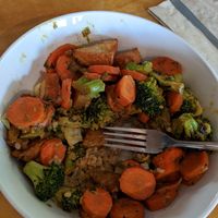 Curry rice bowl with crispy tofu - already ate some. Yummy!! at Green New American Vegetarian in Phoenix