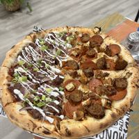 14” half Jackfruit BBQ and Meatless Love. Amazingly delicious pizza! These were great choices!  at Plant Pizza in Cooper City