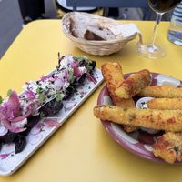 Beets with ricotta (left), and fried zucchini sticks (right)  at Hododa in Marseille