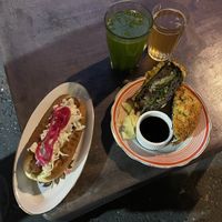 Hot dog classic, unagi eggplant, lemonade and kombucha  at 2022_place - Pop Up in Yerevan
