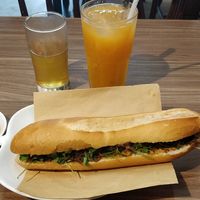 Mushroom Banh Mi with nut pate, & spicy sauce on the side at Lian Hua Vegetarian in Hanoi