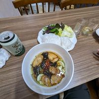 Noodle with vegan grilled pork, patties and vegan fish sauce at Lian Hua Vegetarian in Hanoi