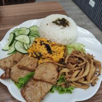 Rice, pork and meatloaf dish at Lian Hua Vegetarian in Hanoi