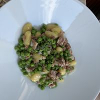 Gnocchetti di patatate,riso e mais con piselli scalogno e simil pancetta stupenda   at RistoVegan at Hotel Sylva in Cattolica