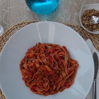 Tagliatelle di farro con sugo di piselli e straccetti vegetali at RistoVegan at Hotel Sylva in Cattolica