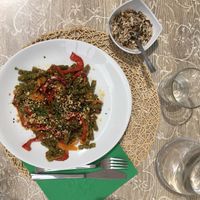 Peas fusilli pasta with roasted veggies and peanuts sauce at RistoVegan at Hotel Sylva in Cattolica