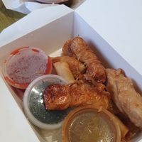 The combo box with drumsticks, spring rolls, wonton and chickn skewers at Wawin Vegan Chinese in Nottingham