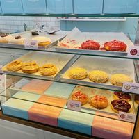 Donut cabinet, 5/7 flavors are vegan   at La Donuteria - Mlynská in Kosice